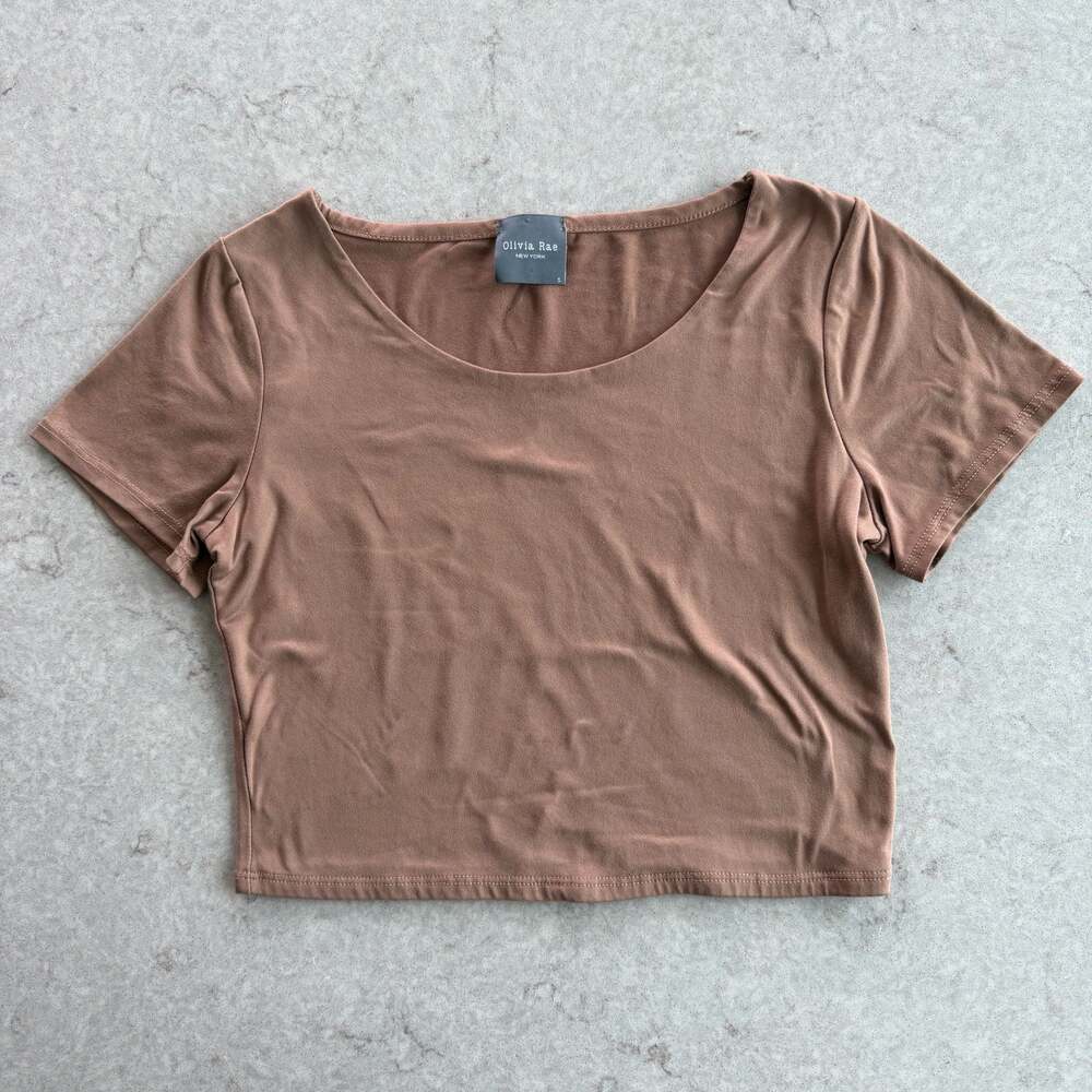 Olivia Rae New York Brown Short Sleeve Scoop Neck Crop Top